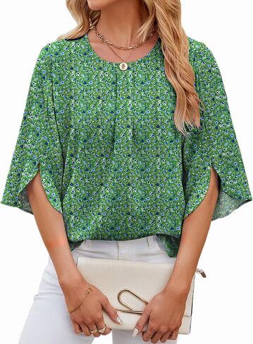 ZILIN Women's Summer Tops Dressy Casual Pleated Scoop Neck 3/4 Sleeve Shirts Office Work Chiffon Blouses in Saudi Arabia