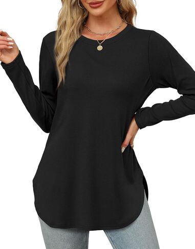XIEERDUO Womens Long Sleeve Round Neck Shirts Side Split Basic Loose Tunic Tops Casual 2024 in Saudi Arabia