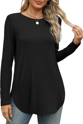 XIEERDUO Womens Long Sleeve Round Neck Shirts Side Split Basic Loose Tunic Tops Casual 2024 in Saudi Arabia