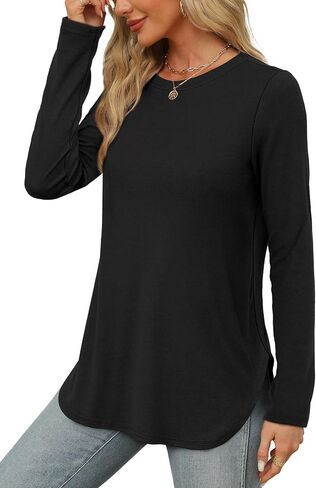 XIEERDUO Womens Long Sleeve Round Neck Shirts Side Split Basic Loose Tunic Tops Casual 2024 in Saudi Arabia