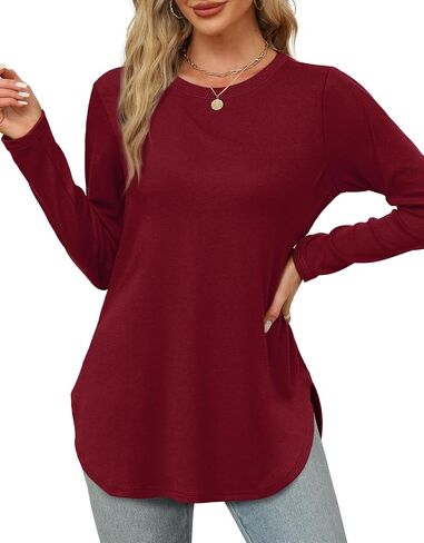 XIEERDUO Womens Long Sleeve Round Neck Shirts Side Split Basic Loose Tunic Tops Casual 2024 in Saudi Arabia