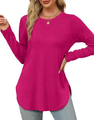 XIEERDUO Womens Long Sleeve Round Neck Shirts Side Split Basic Loose Tunic Tops Casual 2024 in Saudi Arabia