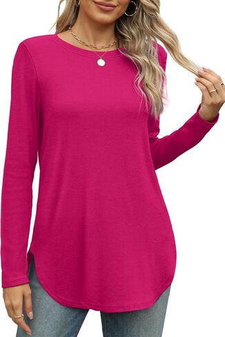 XIEERDUO Womens Long Sleeve Round Neck Shirts Side Split Basic Loose Tunic Tops Casual 2024 in Saudi Arabia