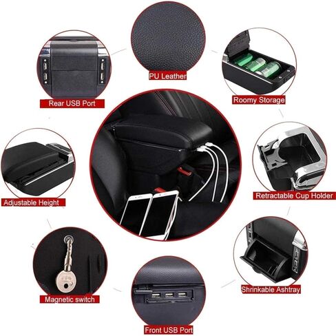 صندوق مسند الذراع لسيارة Toyota bB Scion xB 2004 2005 2006 وحدة تحكم مركزية أمامية مزدوجة الطبقة جلد أسود مع شحن 7 منافذ USB in Kuwait