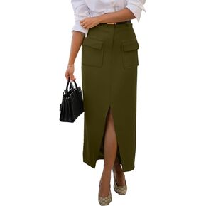 KIRUNDO Women's High Waisted Cargo Midi Skirt Trendy Summer Pencil Slit Dressy Casual Business Work Skirts with Pockets
