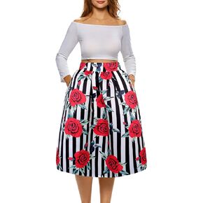 Afibi Womens African Print Skirt Boho Flare Pleated Midi Skirt with Pockets
