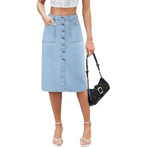 Denim Midi Skirt Women Long Jean High Waisted Skirts Slit Button Down Front Blue A Line Stretch with Pockets