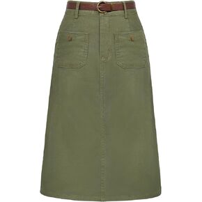 Belle Poque Denim Skirt with Belt Knee Length High Waisted Jean Skirts for Women