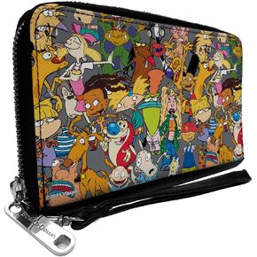 Buckle-Down Nickelodeon Wallet, Zip Around, Nick 90s Rewind Mutli Character Mash Up Collage Gray, Vegan Leather