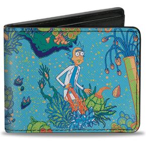 Buckle-Down Men's Rick and Morty Wallet, Bifold, Botanical Garden Collage Blue, Vegan Leather, 4.0" x 3.5"