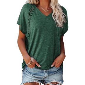 EVALESS Womens Fashion Oversized Summer Tops Casual Short Sleeve V Neck Lace Patchwork Shirts 2024 Basic T-Shirts Tee Blouses