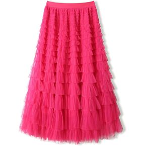 Mliyasan Women’s Multilayer Ruffles Tulle Skirt Pleated High Waist Fluffy Maxi Skirt Fairy Cake Dress Long Tutu Party Skirt
