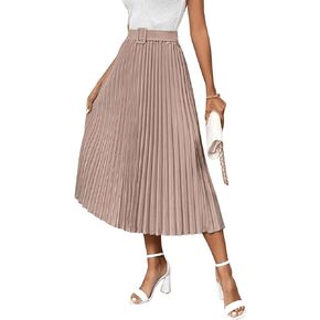 SweatyRocks Women's High Waist A Line Pleated Ruffle Casual Boho Midi Swing Skirt with Belt