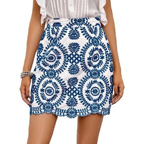 WDIRARA Women's Boho Tribal Print Scallop Trim Summer Zipper Bodycon Mini Skirt