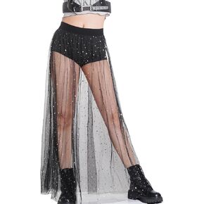 تنورة شبكية شفافة عالية الخصر 2 في 1 تنورة طويلة شفافة بطباعة المجرة للنساء in Kuwait