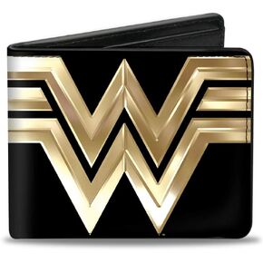 Buckle-Down Men's DC Comics Wallet, Bifold, Wonder Woman 1984 WW Logo Close Up Black Golds, Vegan Leather, 4.0" x 3.5"