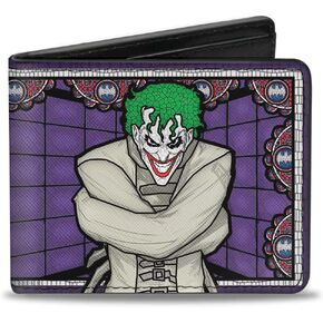 Buckle-Down Men's PU Bifold Wallet-Joker Stained Glass Straitjacket Pose/Bat Logo Purples/Red/Blue/White, Multicolor, 4.0" x 3.5"