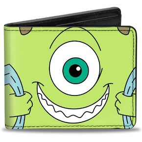 Buckle-Down Men's Disney Wallet, Bifold, Monsters Inc Mike Smiling Scream Canister Pack Pose Green, Vegan Leather, 4.0" x 3.5"