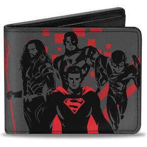 Buckle-Down Men's PU Bifold Wallet-Justice League 2017 4-Superhero Group + Batman Pose Gray/Black/Red, Multicolor, 4.0" x 3.5"