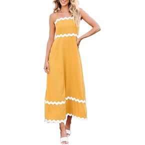 Angashion Women Summer Maxi Dress - Casual Spaghetti Strap Backless RIC Rac Fashion Flowy Long Beach Sundresses