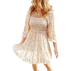 Dokotoo Womens Dresses Boho Floral Square Neck Smocked 3/4 Sleeve Casual A-Line Swing Mini Babydoll Dress