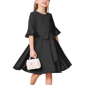 Girls Bell Sleeve Dresses Belt Formal Fit Knee High Modest Big Kids Midi Cap Shoulder Teen Dresses for Girls