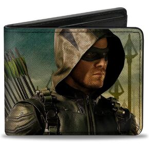 Buckle-Down Men's DC Comics Wallet, Bifold, Standing Pose Tips Tan Fade, Vegan Leather, Green Arrow, 4.0" x 3.5"