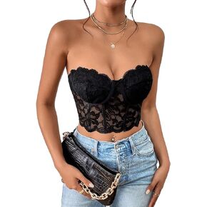 SHENHE Women's Sheer Floral Lace Strapless Sexy Fitted Crop Bustier Tube Top Party Top
