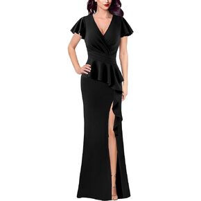 VFSHOW Womens Ruched Wrap V Neck Ruffle Formal Prom Peplum High Slit Maxi Dress 2023 Wedding Guest Cocktail Evening Long Gown