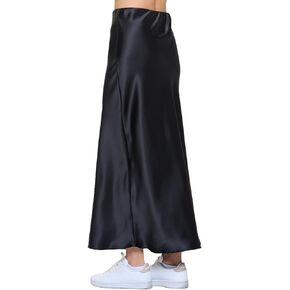 Women Solid High Waist Silky Casual Elastic Satin Long Skirt Ankle Length