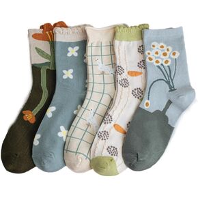 FORJMMP 5/10 Pairs Embroidered Floral Socks for Women Combed Cotton Above Ankle Crew Socks