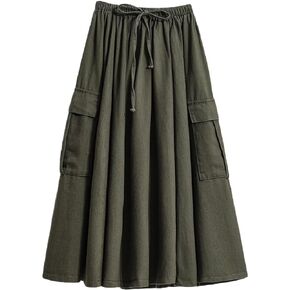 Kisidoo Cargo Maxi Skirt Women's Casual Elastic Waist Pleated A-Line Knee Length Skirt with Pocket for Work & Daily