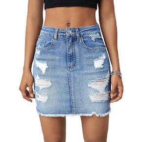 Verdusa Women's Ripped Raw Hem Pencil Bodycon Denim Skirt