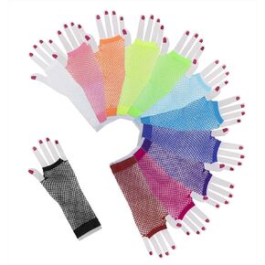 PENTA ANGEL 12 Pairs Colored Nylon Long Fingerless Fishnet Gloves Elastic Stretch Funky Retro Mesh Wrist Gloves for Women 80s Theme Party Halloween Costume(Long-12 Colors)