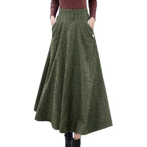 Women's High Waist Plaid Wool Maxi Skirt Thickened A-Line Long Flared Skirt