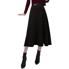 1245-1 Faux Suede Leather A-line Skirt for Women High Waist Brown Long Midi Belt Skirts