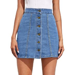 Floerns Women's High Waist A Line Button Through Denim Mini Dress Skirt
