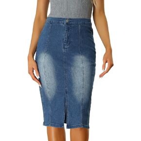 Allegra K Women's Slit Elastic High Waist Below Knee Length Casual Stretch Bodycon Pencil Denim Skirt