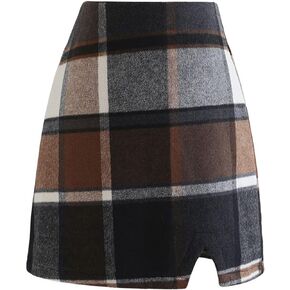 CHICWISH Women's Brown Check/Black/White Grid Wool-Blend Mini Bud Skirt