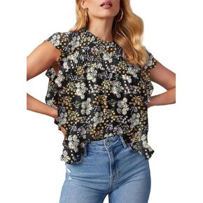 Dokotoo Womens Summer Tops Casual Crewneck Floral Print Shirts Smocked Ruffle Short Sleeve Babydoll Blouses