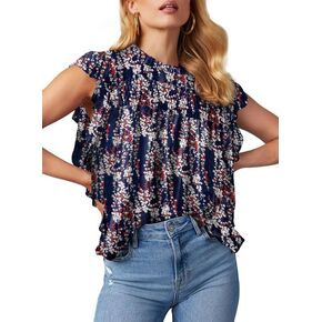 Dokotoo ملابس علوية نسائية صيفية كاجوال بياقة دائرية وطبعة زهور قمصان بيبي دول بأكمام قصيرة مكشكشة in Kuwait