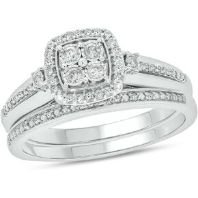 1/3cttw Diamond Cluster Square Halo Engagement Ring with Matching Diamond Wedding Band for Women in 925 Sterling Silver, Women's Silver Square Halo Wedding Ring Set with Diamond Accented Bands