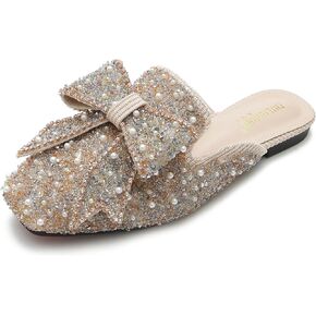 SANIOOOI Women's Pearl Rhinestone Bow Mules,Glitter Square Toe Slip on Flat Ladies Sparkly Baotou Clogs Slippers