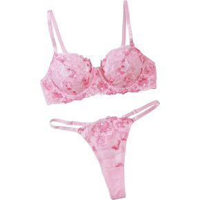 SHENHE Women's Mesh Floral Embroidered Underwire Bra and Panty String Sheer Lingerie Set