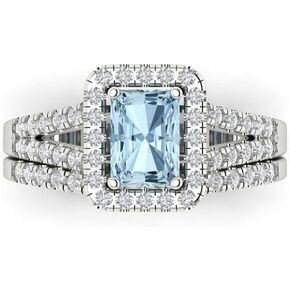 Clara Pucci 1.54ct Emerald Cut Halo Solitaire Natural Sky Aquamarine Engagement Promise Anniversary Bridal Ring band set 14k White Gold