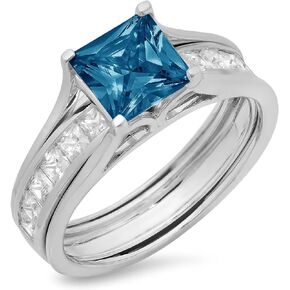 Clara Pucci 3.5 ct Princess Cut Pave Solitaire with Accent Genuine Flawless Natural London Blue Topaz Designer Statement Classic Engagement Bridal Sliding Ring Band wedding Set Solid 18K White Gold