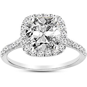 14K White Gold 2 Carat LAB GROWN DIAMOND Halo Cushion Cut Diamond Engagement Ring (G-H Color VS1-VS2 Clarity 1.5 Ct Center)