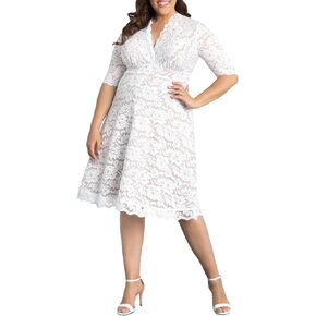 Kiyonna Women's Plus Size Bella Short Ivory Lace Dress, Simple White Wedding, Bridal Shower, or Graduation Midi Dress