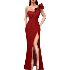 VFSHOW Womens Ruffle One Shoulder Strap Ruched Formal Prom Wedding Maxi Dress V Neck Elegant Split Cocktail Evening Long Gown