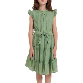 BTPEIHTD Girls Elegant Ruffle A-Line Flowy Dresses with Belt Tween Girls Graduation Dresses for 6-13 Years